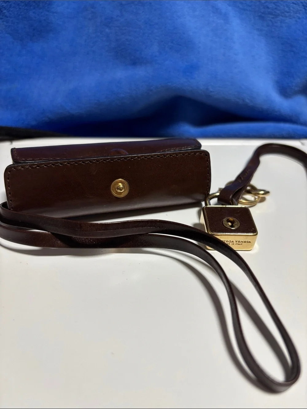 Bottega Veneta Brown Leather Key Pouch with Gold Padlock Charm